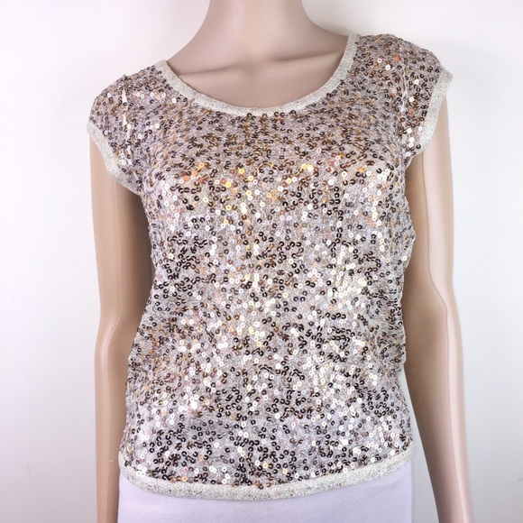 Ludi Tops - Ludi Gold Sequin Sheer Mesh Cap-Sleeve Top